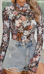 Galilea Brown Floral Mesh Long Sleeve Blouse