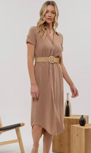 Leon Tan Button Down Belted Midi Dress