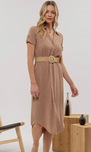 Leon Tan Button Down Belted Midi Dress
