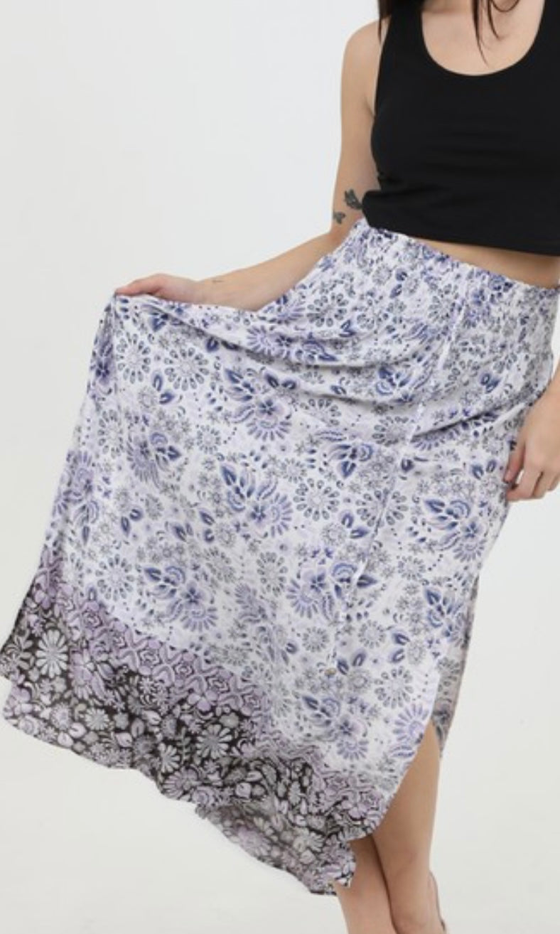 Citlali Blue Floral Smocked Waist Maxi Skirt With Small Side Slits