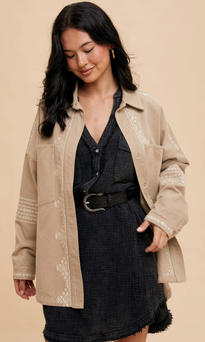 Jolene Almond Embroidery Utility Shacket