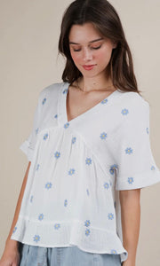 Madison White Flower Embroidered Woven Blouse Top