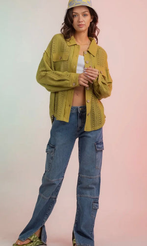 Geraldina Avocado  Lace Crochet Button Down Sheer Shacket