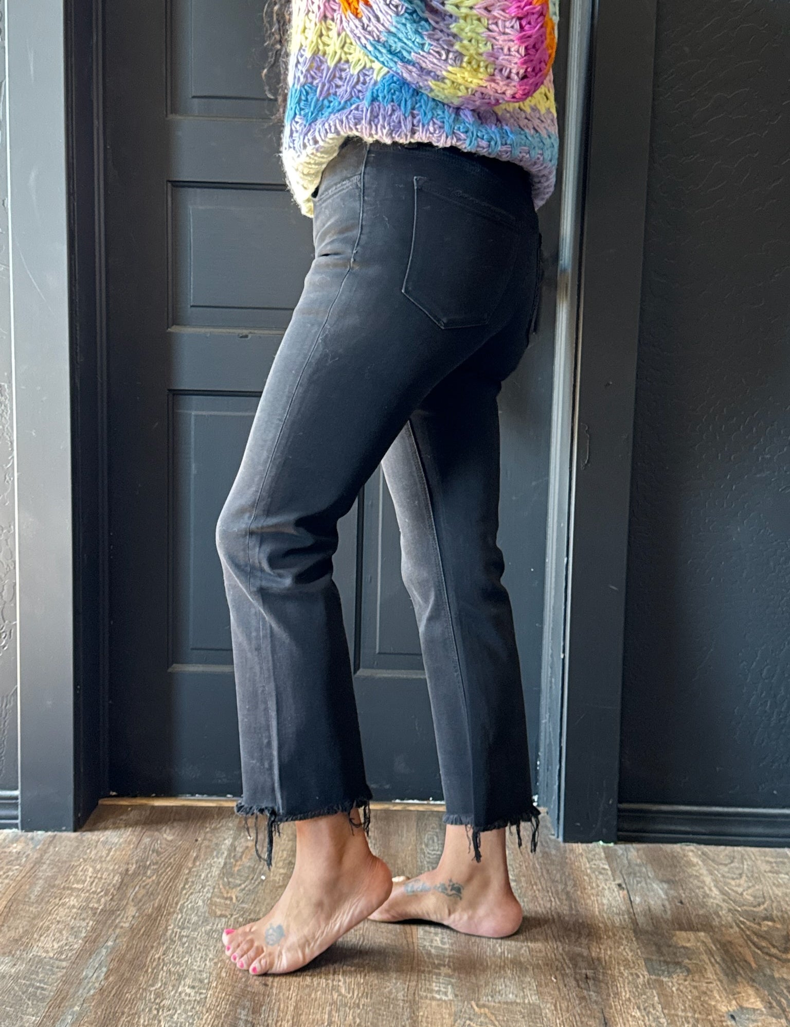 Jolie Black Mid Rise Distressed Hem Crop Flare Jeans