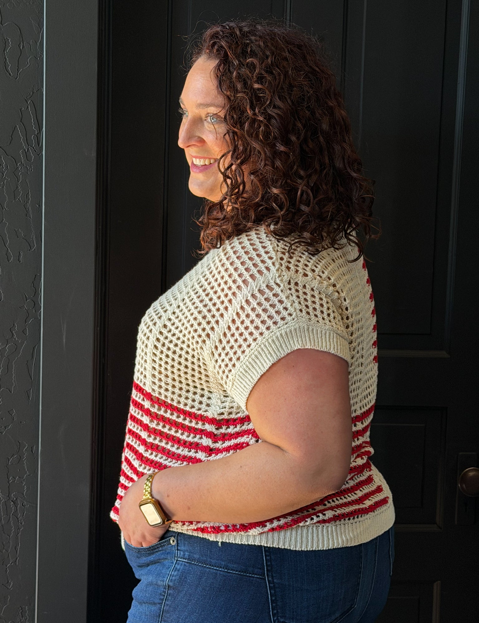 Joseph Plus Multi Stripe Short Sleeve Sheer Crochet Top
