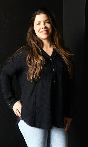 Otto Black Garment Washed Cotton Gauze Placket Blouse