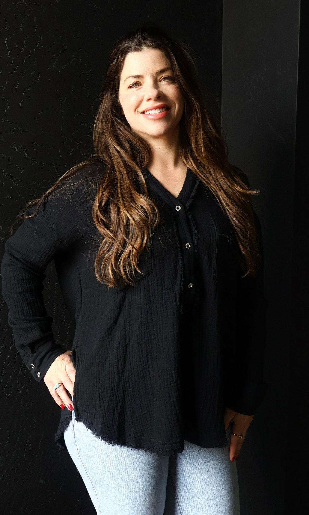 Otto Black Garment Washed Cotton Gauze Placket Blouse