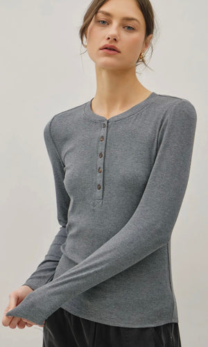 Levi Heather Grey Modal Classic Ribbed Long sleeve Henley Basic Top