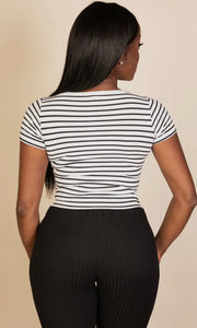 Hana White/Black Short Sleeve Tight Knitted Square Neck Top