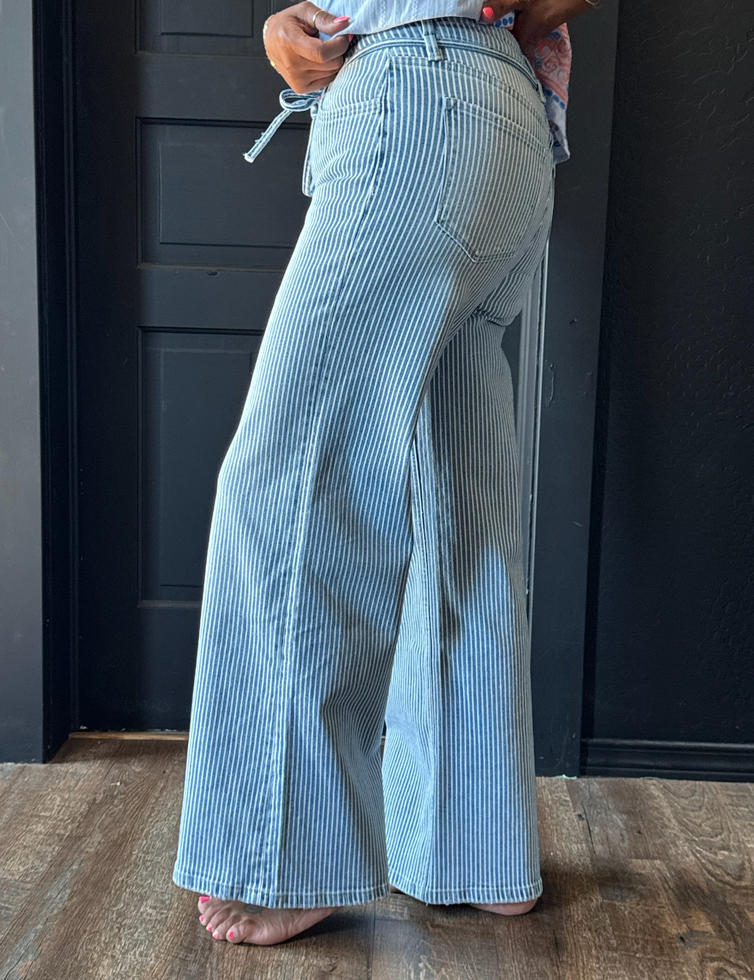 Jules Railroad Stripe High Rise Wide Leg Tie Waist Jeans
