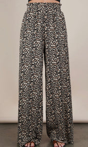 Maeve Mocha Leopard Print & Solid Wide Leg Pleated Pants