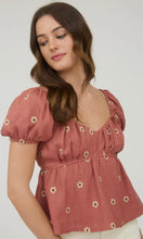 Lia Sienna Embroidered Daisy Puff Sleeve Pleated Blouse