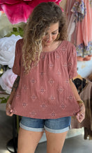 Nora Desert Rose Tie Back Embroidered Bubble Sleeve Peplum Top