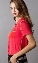 Danica Peach V Neck Short Sleeve Front Pocket Woven Mixed Top