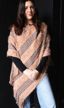 Quint Fuzzy Wavy Stripes Fringe Hem Hooded Poncho Sweater