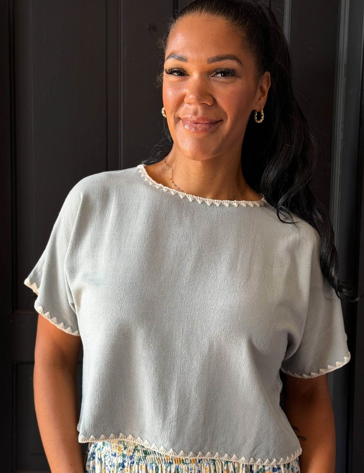 Houston Embroidered Soft Linen Dolman Short Sleeve Top
