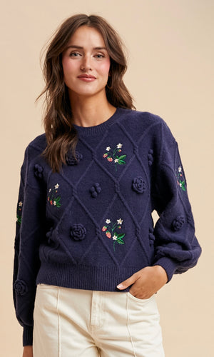 Luisa Navy 3D Embroidered Cable Pullover
