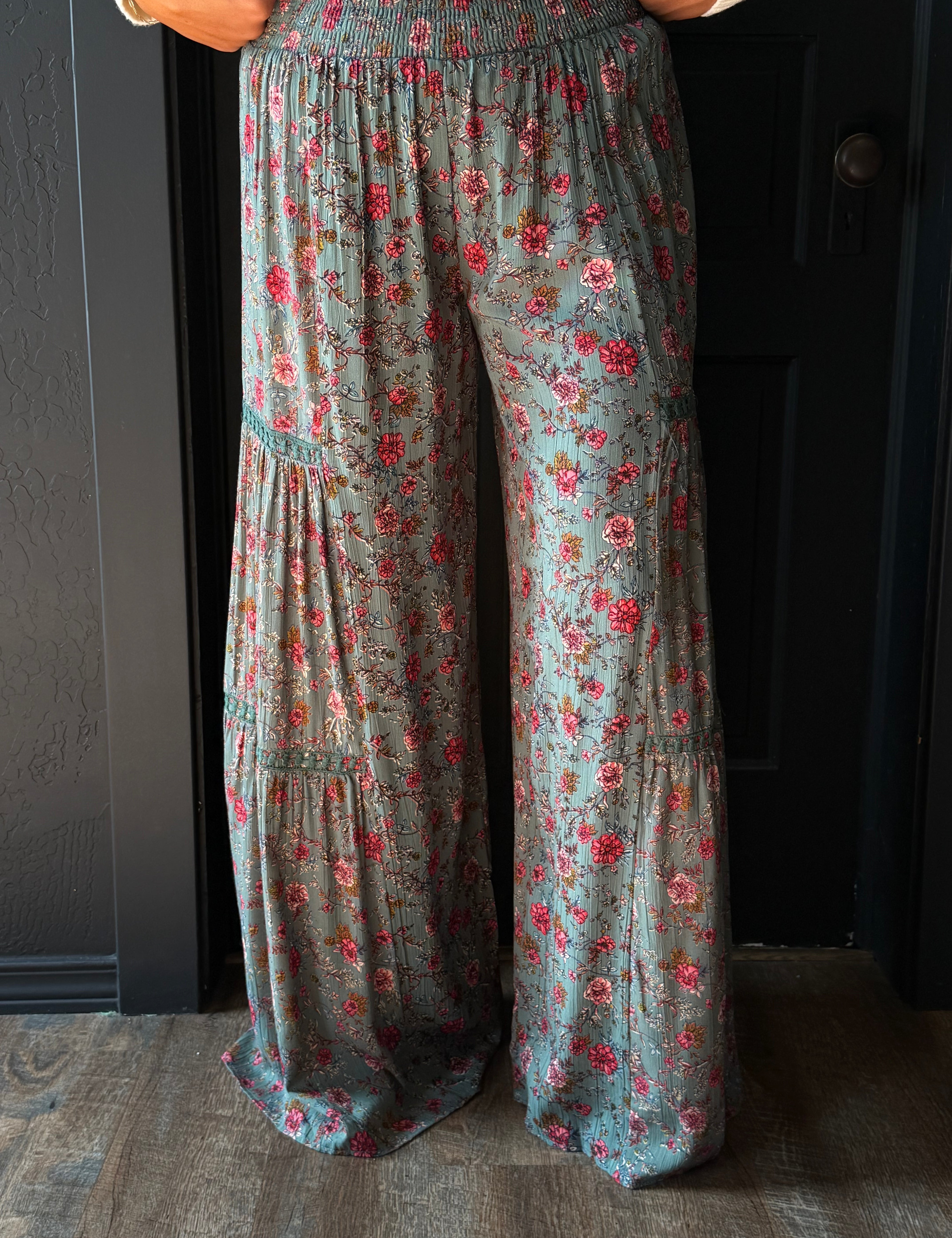 Nell Green Wide Leg Pants with Lace Detail