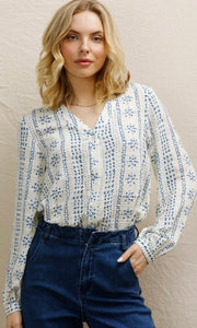 Cirilla White Navy Pattern V Neck Button Front Long Sleeve Blouse