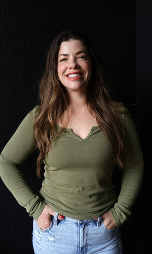 Nicole Olive Ribbed Notched Neck Longsleeve Basic Top