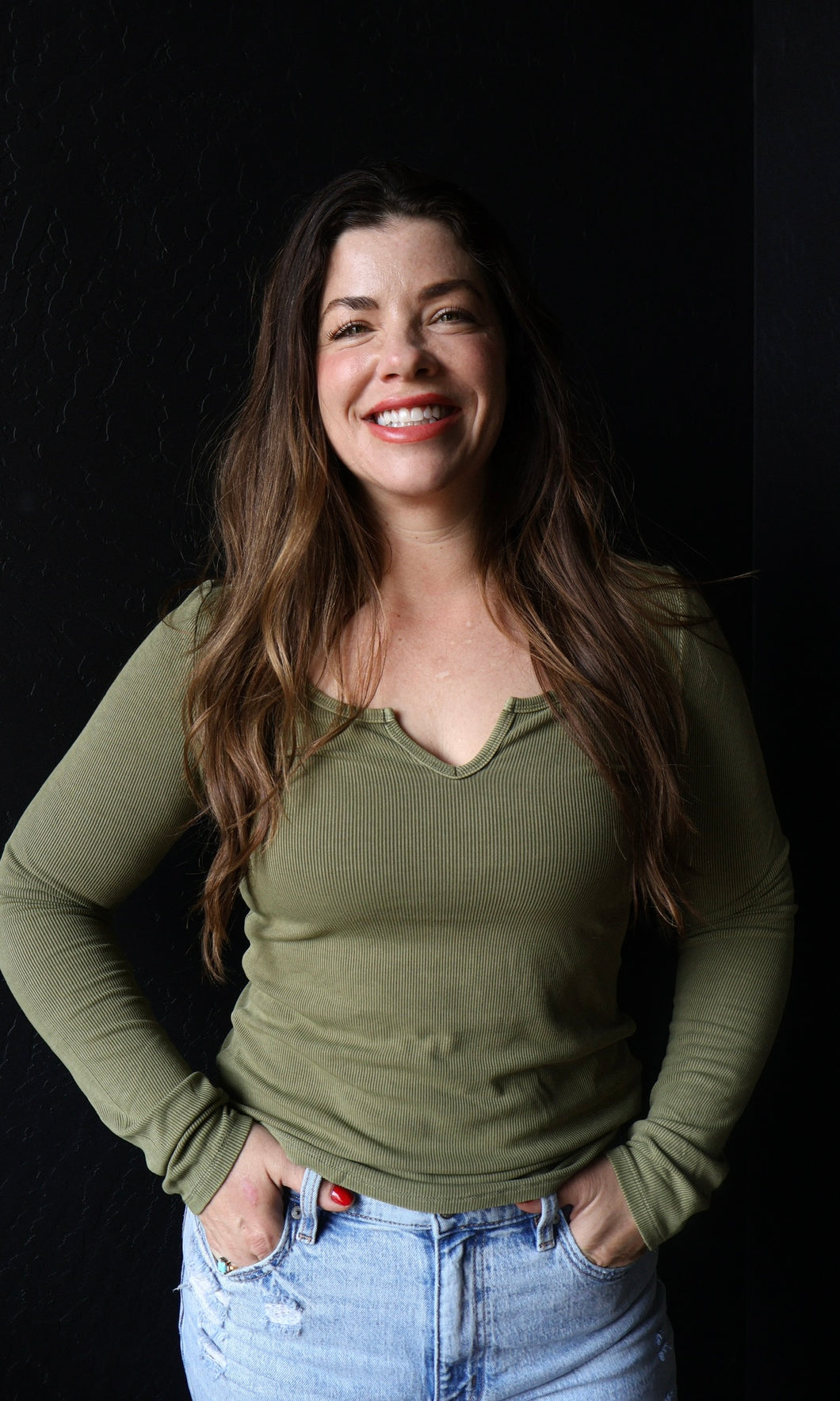 Nicole Olive Ribbed Notched Neck Longsleeve Basic Top