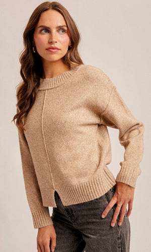 Mariah Front Bottom Slit Crew Neck Sweater Top