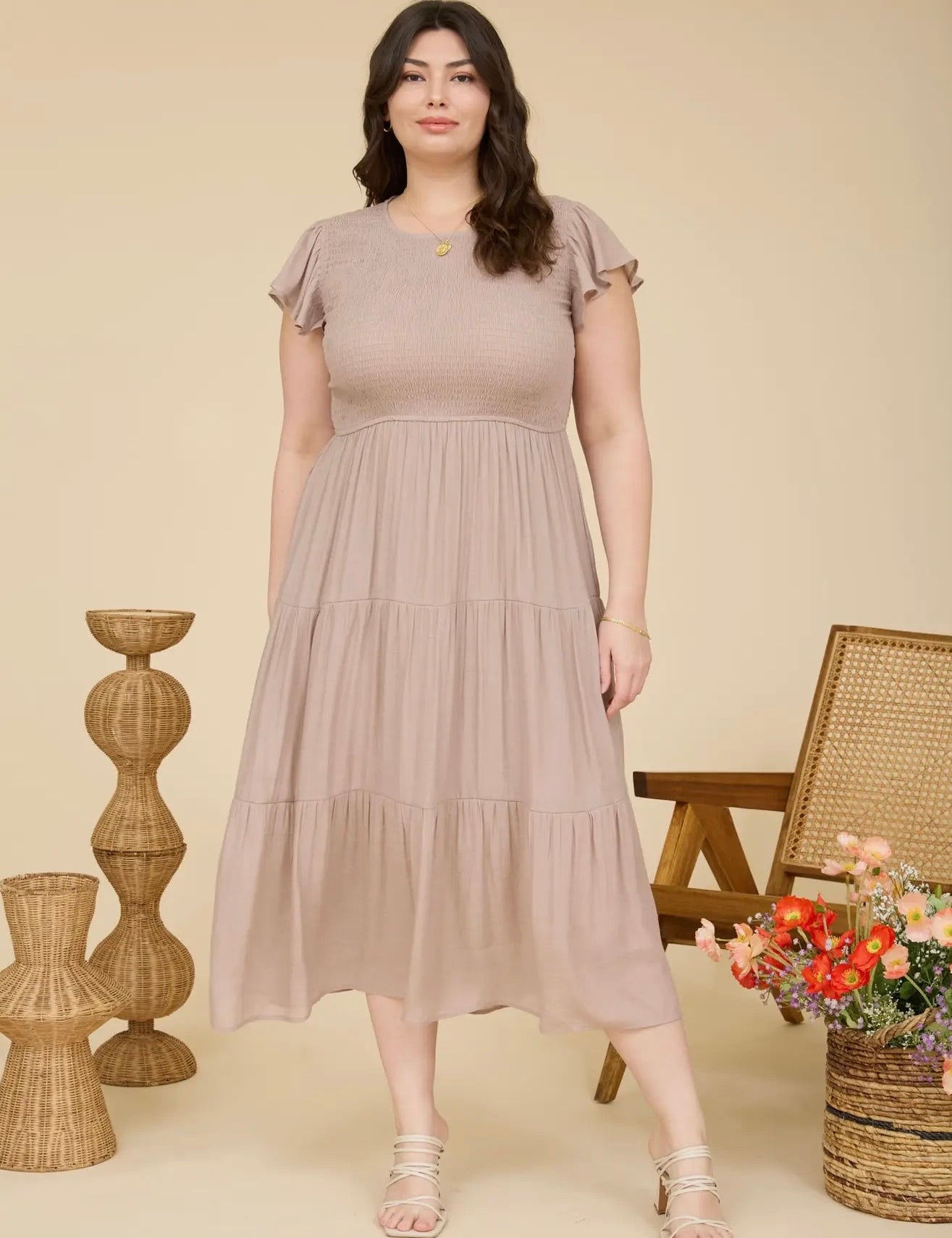Conrad Plus Size Tiered Smocked Short Sleeve Midi Dress