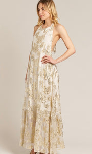 Ariba White Gold Halter Neck Maxi Dress