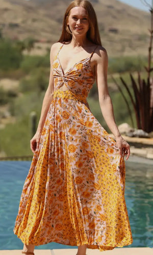Phoenix Mixed Print Godet Maxi Dress with Twist Front