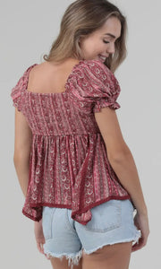 Rhea Lace Trim Hanky Hem Short Sleeve Top