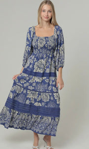 Romina Lace Trim Smocked Bodice Long Sleeve Maxi Dress