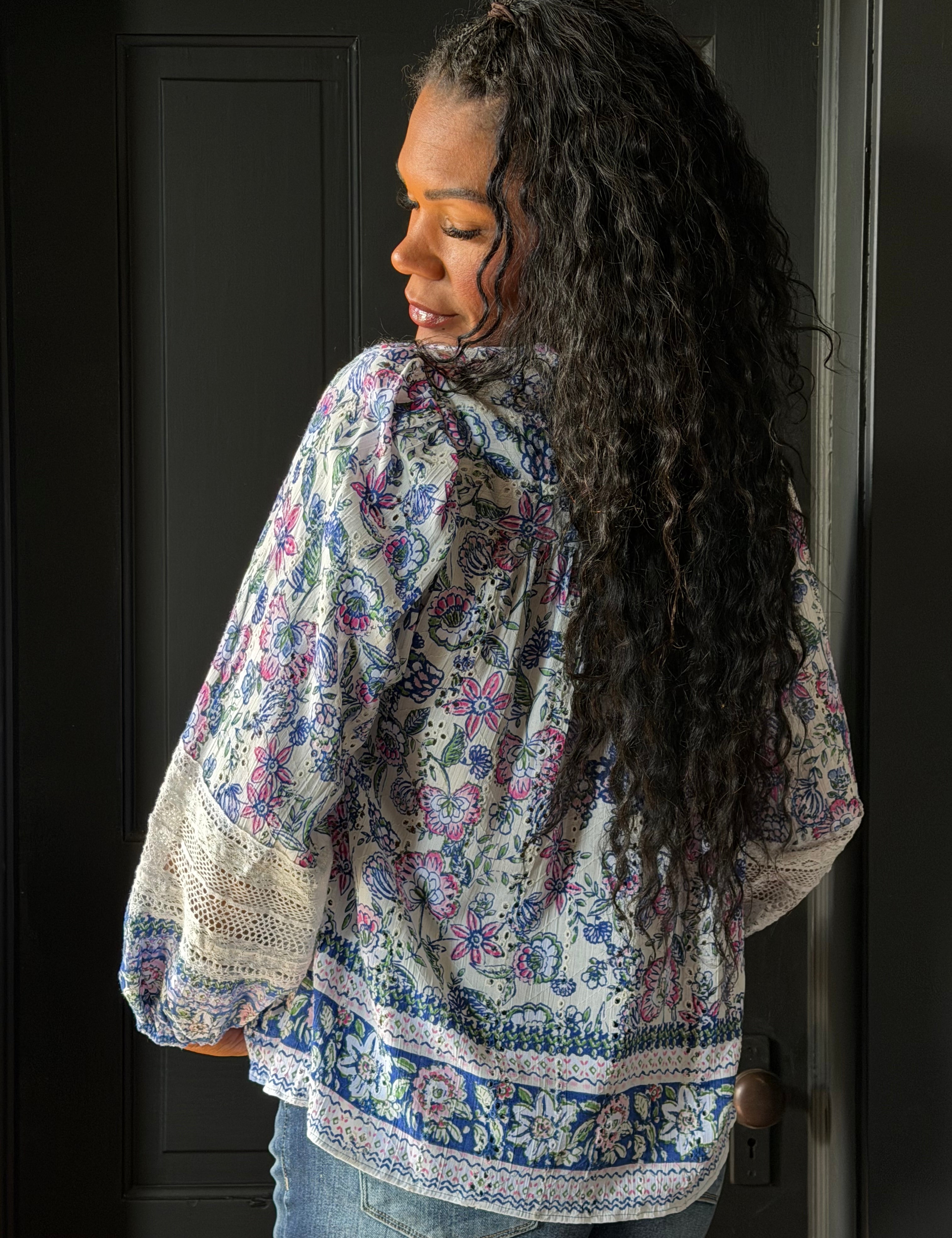 Maverick Eyelet Embroidered Printed Lace Trim Blouse