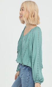 Cody Sage Eyelet Embroidered Button Front Blouse