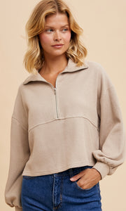 Asher Beige Cotton Thermal Cropped Half Zip Pullover