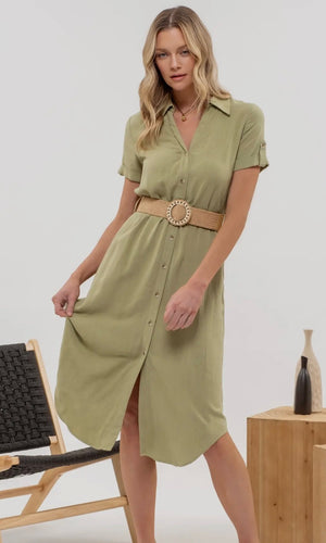 Leon Olive Button Down Belted Midi Dress