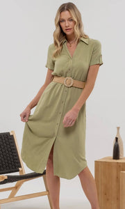Leon Olive Button Down Belted Midi Dress