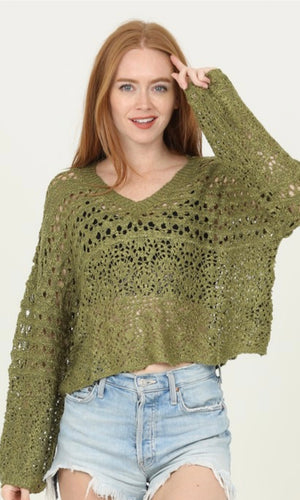 Cleta Olive Open Knit V Neck Pullover Sweater