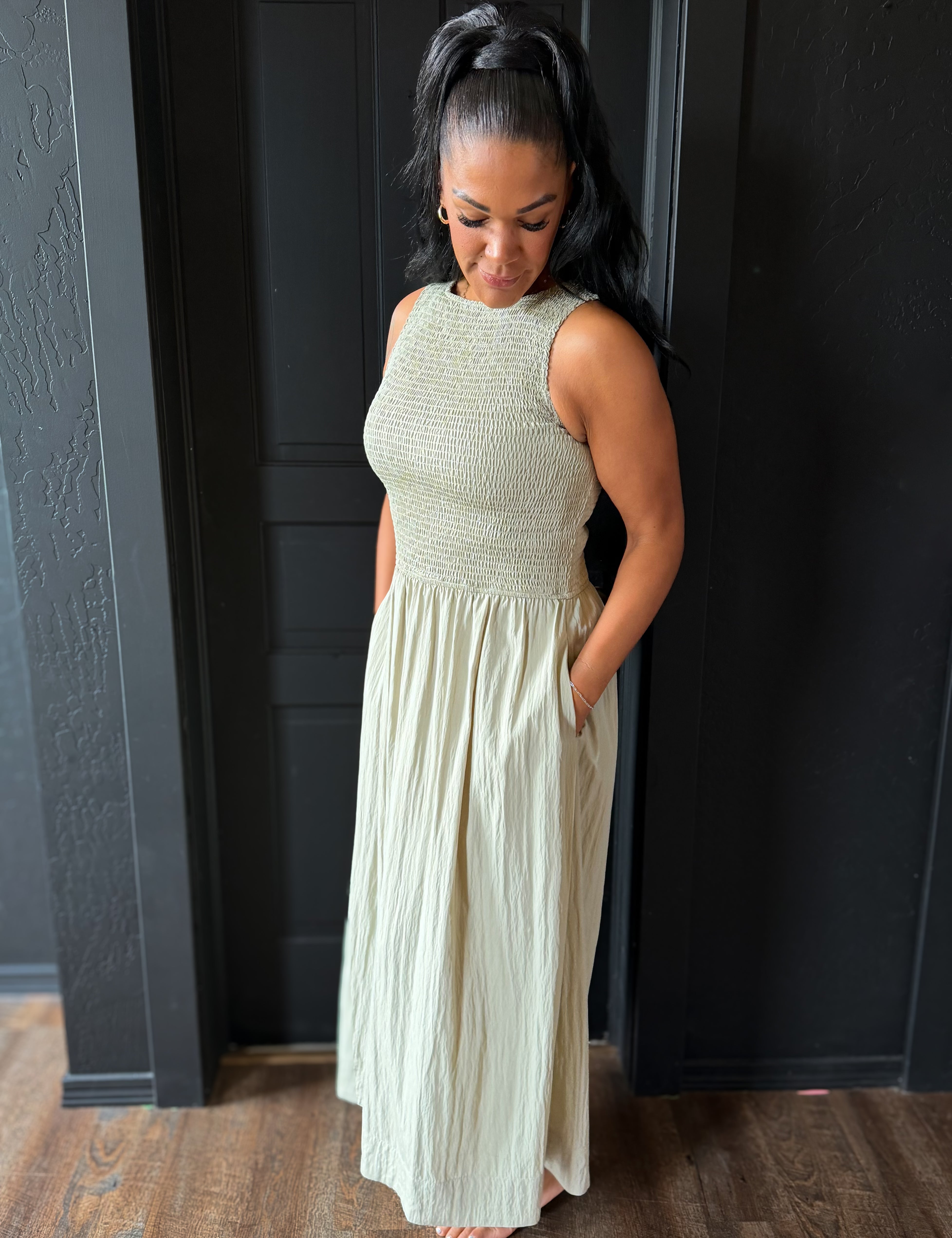 Hutton Smocked Boatneck Tank Midi Dress