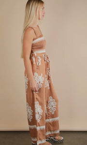 Madeline Taupe Boho Printed Smocking Detail Jumpsuit
