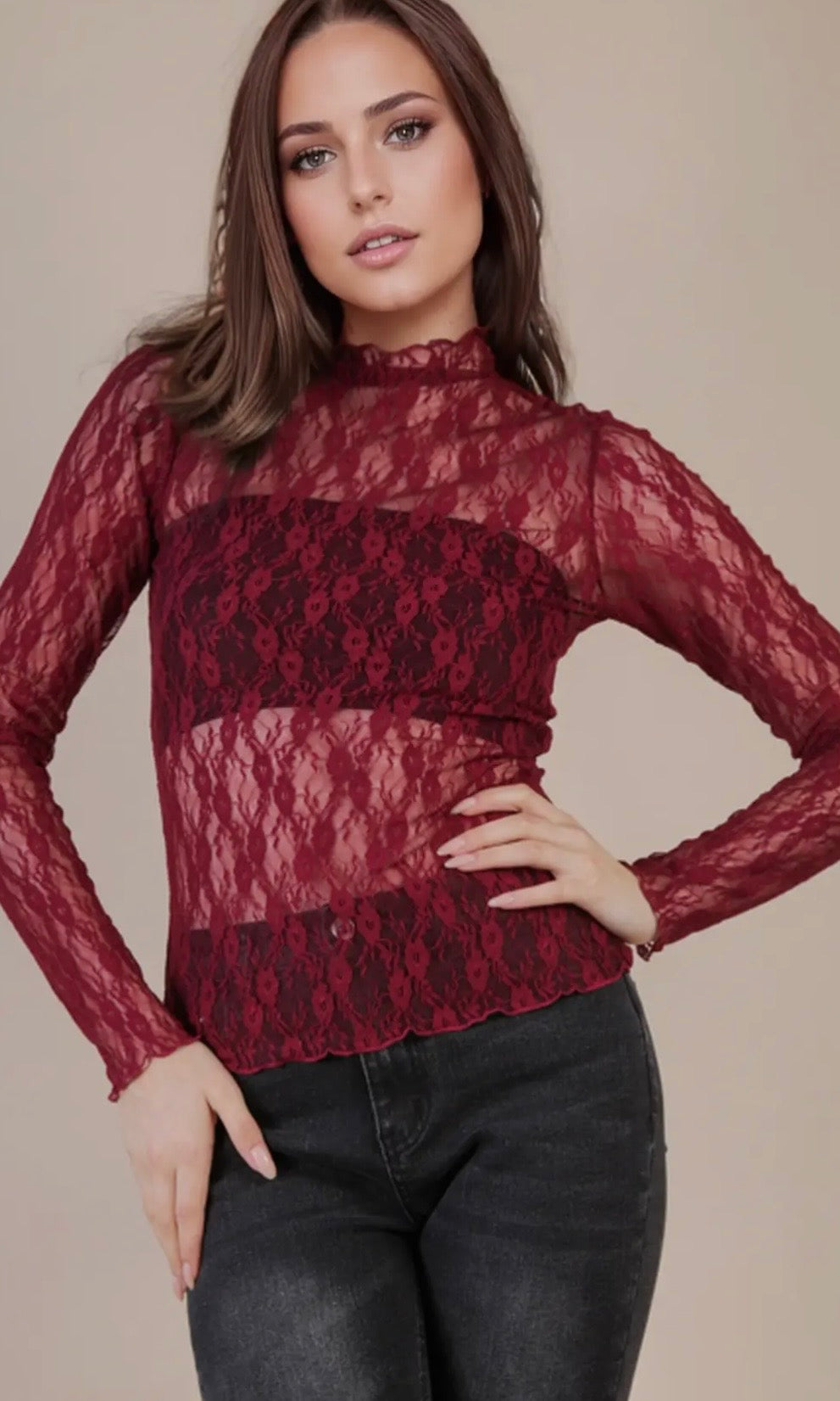 Percy Wine High Neck Fitted Sheer Mesh Lace Knit Top