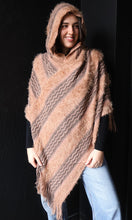 Quint Fuzzy Wavy Stripes Fringe Hem Hooded Poncho Sweater