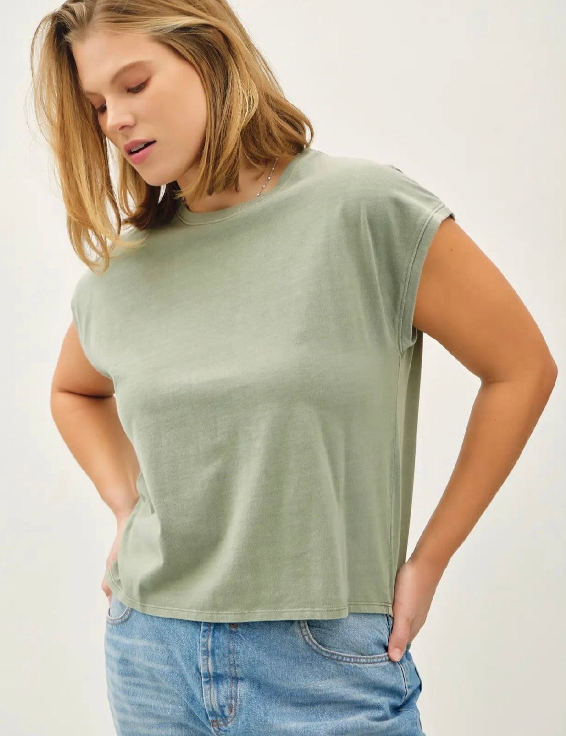 Asher Plus Size Basic Acid Wash Capped Sleeve Tee
