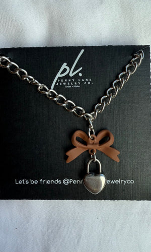 Shania Brown Bow Silver Heart Padlock Necklace