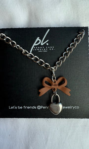 Shania Brown Bow Silver Heart Padlock Necklace