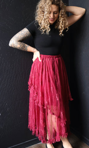 Ellie Burgundy Embellished Lace Hem Skirt