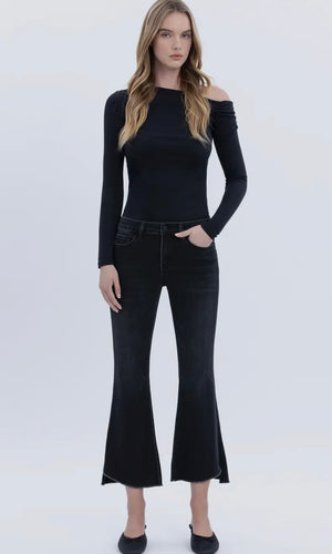 Tobias Mid Rise Raw Step Hem Crop Flare Jeans