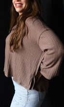 Odette Dark Taupe Quarter Split Ribbed Polo Top