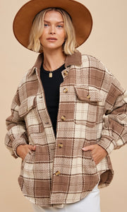 Aruna Mocha Thick Double Layered Sherpa Lined Plaid Outwear Jacket