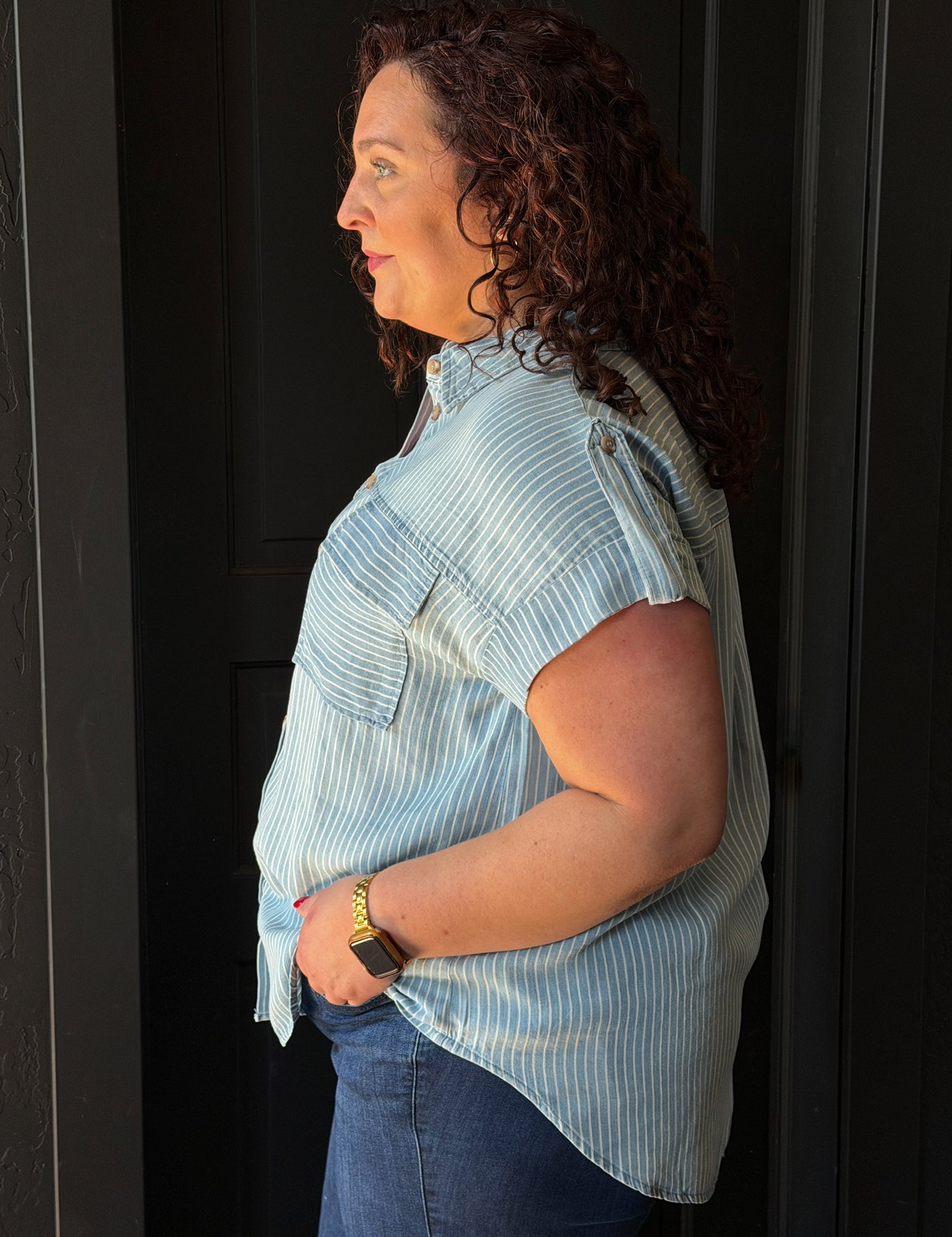 Indigo Plus Stripe Collared Pocket Detail Chambray Top
