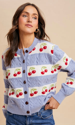 Laken Icy Blue Cherry Knitted Cardigan